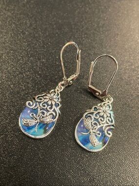 Silvertone Dragonfly Filigree Drop Earrings with Blue-Teal Inlay B20